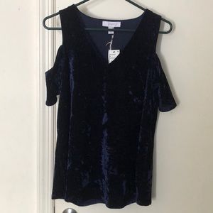 NWT Scripted Cold Shoulder Velvet Top Navy Blue